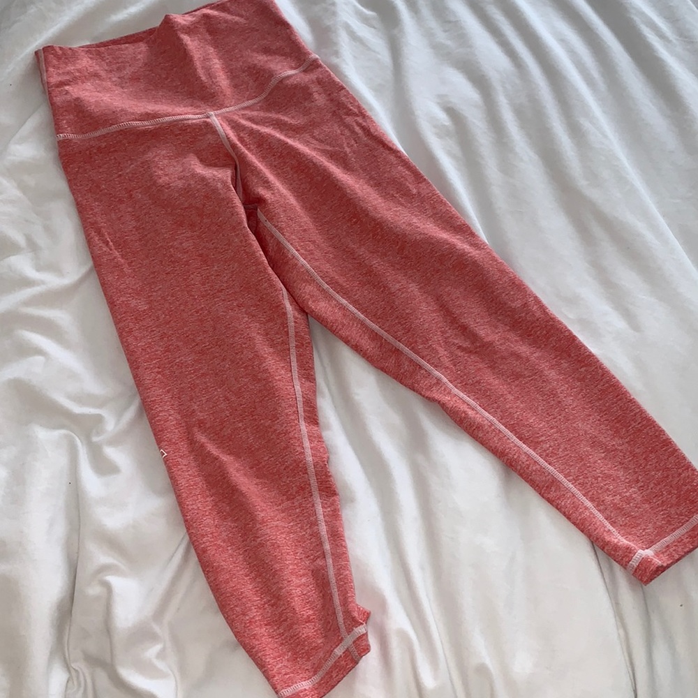 Barre3 DYI leggings. Cropped coral Heather’s with logo on leg.